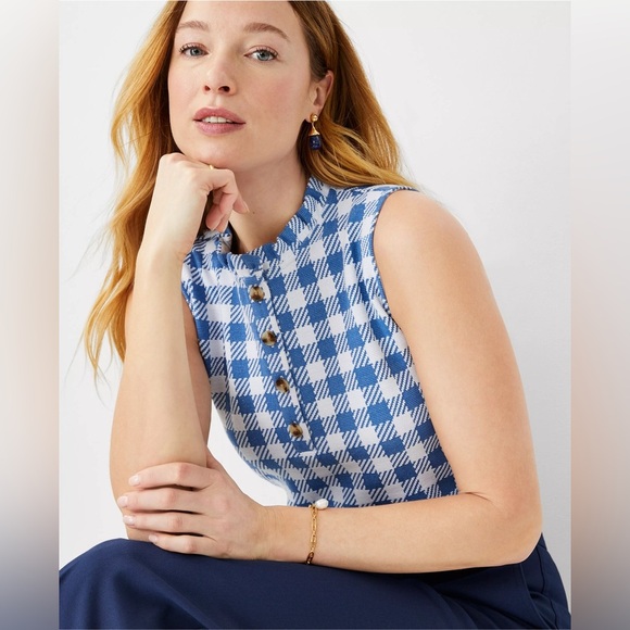 Ann Taylor Blue Checked Plaid Ruffle Neck Sleeveless Henley Top Size M - Picture 1 of 9